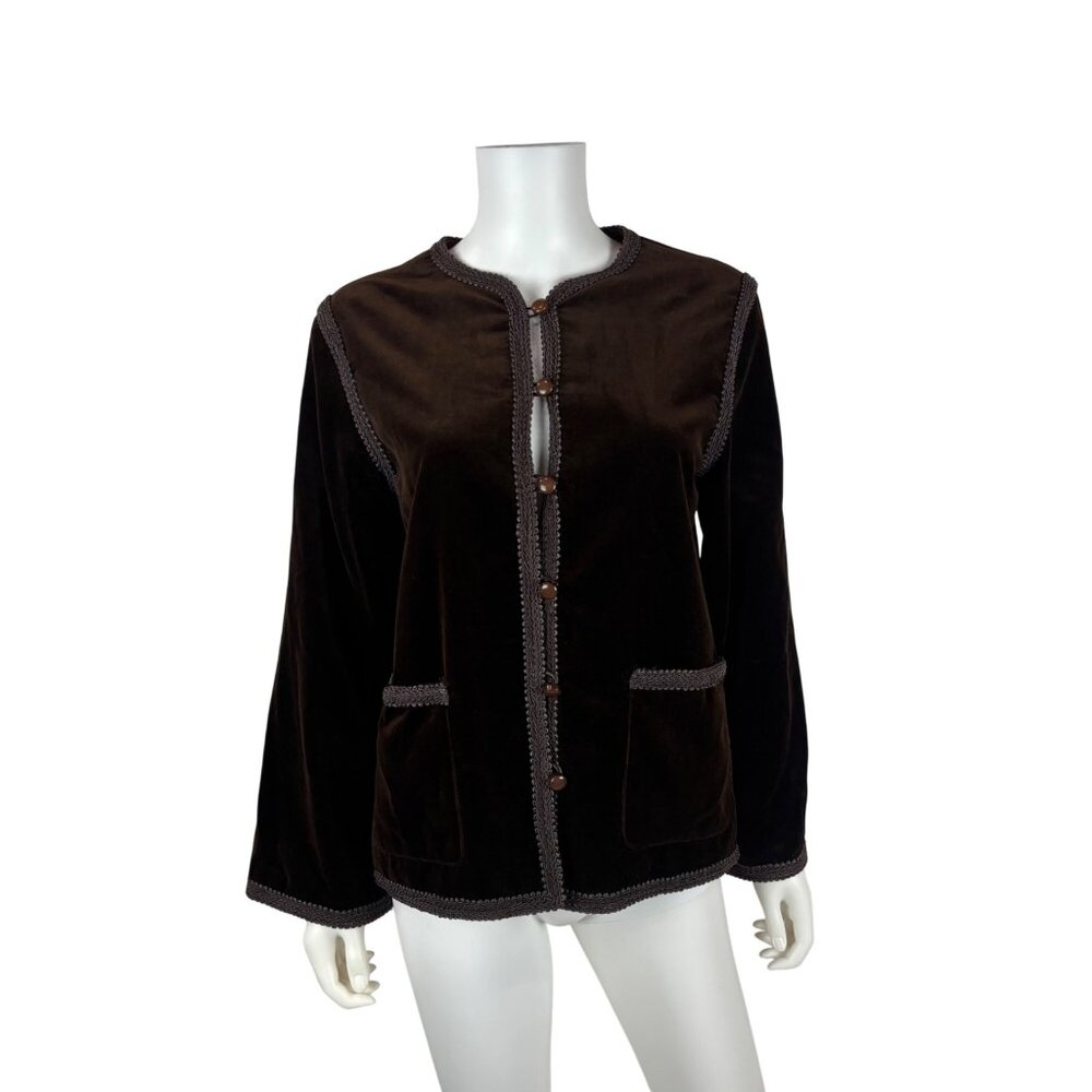 Vintage 70s Velvet Blazer Womens Large Brown Braided Trim Button Down Suit Jacke - Picture 2 of 12